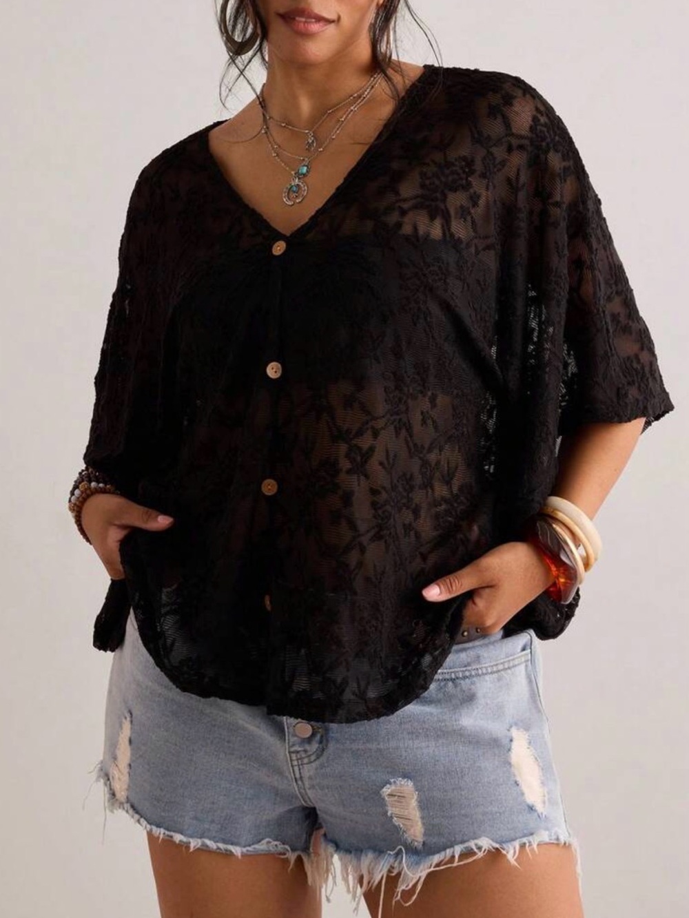 Stars  Black  Cotton Lace Button-Front V-Neck Top